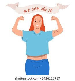 We can do it quote with young women in strength pose vector illustration