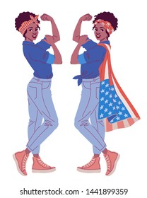 We Can Do It Retro Poster. Black African American Lady Standing With USA Flag In Classic Pose As Symbol Of Girl Power And Women's Rights Movement. Vector Illustration Isolated On White Background