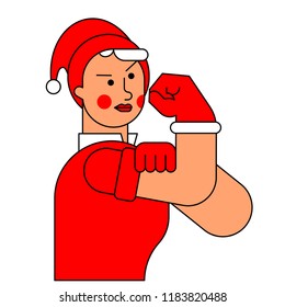We can do it Santa woman symbol power female. New year girl showing fist. Vector illustration 