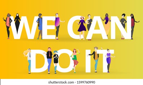We can do it slogan with different women, diverse lady’s from our world, African, American, Arabic, Indian , hipster female and in traditional clothes. Feminism, girl power, sisterhood 