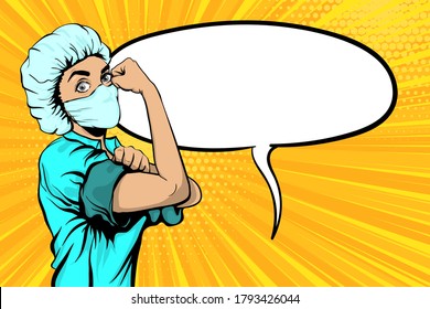 We Can Do It Woman African Doctor In Medical Mask Retro Poster. Cartoon Vintage Nurse Girl In Pop Art Style. Caucasian Pop Art Doctor Yellow Radial Background. Empty Speech Bubble For Text