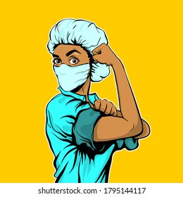 We Can Do It woman african doctor in medical mask retro poster. Cartoon vintage nurse girl in pop art style. Black pop art doctor isolated in white background.