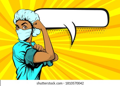 We Can Do It Woman African Doctor In Medical Mask Retro Poster. Cartoon Vintage Nurse Girl In Pop Art Style. Black Pop Art Doctor Yellow Radial Background. Empty Speech Bubble For Text