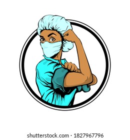 We Can Do It Woman African Doctor In Medical Mask Retro Poster. Cartoon Vintage Nurse Girl In Pop Art Style. Black Pop Art Doctor Isolated In White Background. Emblem.