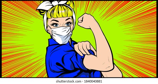 We Can Do It Woman Doctor Nurse Wearing Mask. Strong Businesswoman. Classical American Symbol Of Female Power, Women Rights, Protest, Feminism Fighting Coronavirus. Vector Colorful Hand Drawn