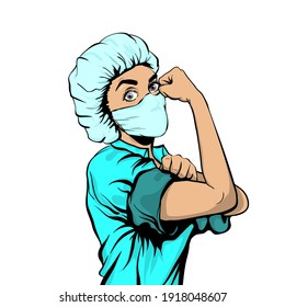 We Can Do It Woman Doctor In Medical Mask Retro Poster. Cartoon Vintage Nurse Girl In Pop Art Style. Caucasian Pop Art Doctor Isolated In White Background.