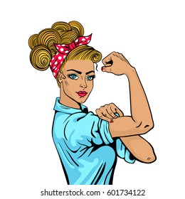 We Can Do It woman. Sexy strong girl. Classical american symbol of female power, woman rights, protest, feminism. Vector colorful hand drawn character on white background in retro comic style.