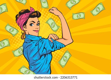 We Can Do It Woman Successful With Falling Money Pop Art Retro Comic
