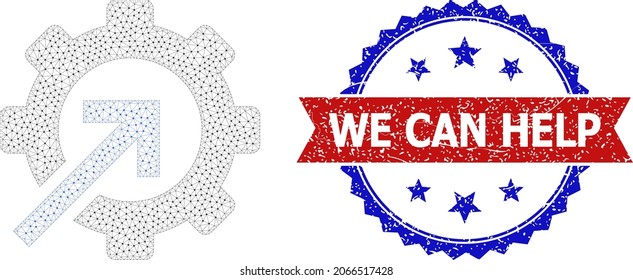 We Can Help corroded stamp seal, and gear integration icon polygonal model. Red and blue bicolor stamp seal includes We Can Help tag inside ribbon and rosette. Abstract flat mesh gear integration,