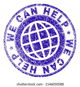 WE CAN HELP stamp imprint with distress texture. Blue vector rubber seal imprint of WE CAN HELP caption with retro texture. Seal has words arranged by circle and globe symbol.