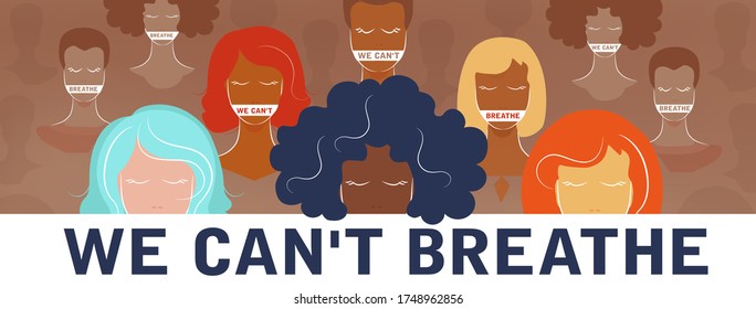 We can't breathe text. Black lives matter. Vector facebook cover, poster about human rights violation of black people in the U.S. of America. Silhouette of activists in demonstration