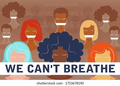 We can't breathe text. Black lives matter. Vector poster about human rights violation of black people in the U.S. of America. Silhouette of activists in demonstration against police violence. 