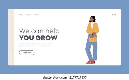 We cant Help your Grow Landing Page Template. African Business Woman with Envelope in Hands. Black Female Character Dressed in Formal Suit, Secretary, Job Applicant. Cartoon People Vector Illustration