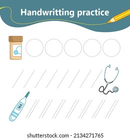 We circle the line by dots. Set of medical products, medicine, stethoscope, thermometer. Preschool education. Vector illustration in cartoon style.