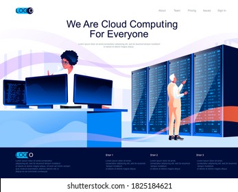 We are Cloud Computing for everyone isometric landing page. Hosting platform, big data processing isometry website page. Database administration web concept, vector illustration with people characters