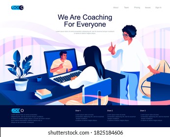 We are Coaching for everyone isometric landing page. Consultation, motivation and mentoring isometry website page. Online business training web concept, vector illustration with people characters.