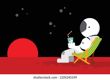 We are colonizing Mars. A pioneer astronaut watches the local sunset with a cocktail. Rest after hard work. Vector image for prints, poster and illustrations.