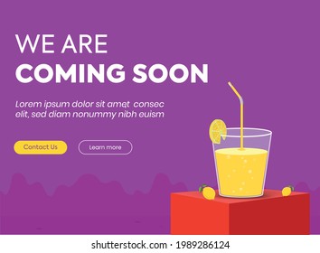 We Are Coming Soon. We Are Coming Soon Announcement Banner And Complete Post Template. Coming Soon Announcement Banner With A Glass Of Lemonade, With Dark Purple Background. Restaurant Opening Soon.