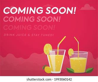 We Are Coming Soon. Bistro Or Bar Opening Soon Facebook Post Template. We Are Coming Soon Announcement Banner And Complete Post Template With Two Glasses Of Fresh Lemonade, On A Dark Pink Background. 