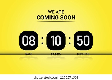 We Are Coming Soon Countdown or Timer realistic vector design with yellow gradient.