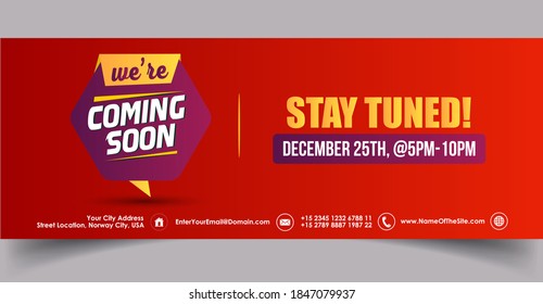 We are coming soon stay tuned facebook cover banner in red background. We are coming soon stay tuned with date and time facebook and twitter banner template. Announcement cover banner for social media