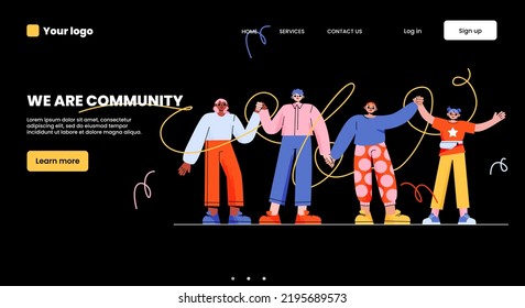 We are community landing page. Happy people holding hands together. Characters group togetherness, happiness, friendship concept with men and women unity Line art flat vector illustration, web