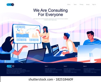 We are Consulting for everyone isometric landing page. Business assistance and expertise isometry website page. Consultant making presentation web concept, vector illustration with people characters.