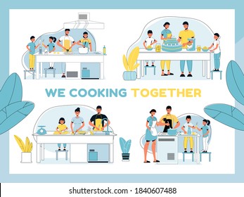 We cooking together set. Parent children preparing dinner, breakfast or lunch, making festive cake at home kitchen. Family bonding, best culinary team. Domestic life, leisure activity, daily routine