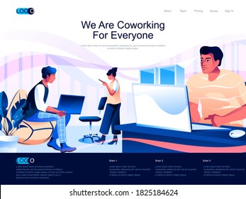 We are Coworking for everyone isometric landing page. Workspace for teamwork isometry website page. Developers team working in coworking space web concept, vector illustration with people characters.