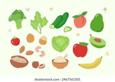 Elaboramos materiales de Ilustración vectorial plana de buena calidad que siempre son visualmente atractivos. En esta serie, te presentamos Vegan Food Illustration Set.