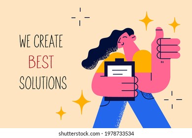 We create best solutions concept. Young positive woman business worker standing showing thumbs up sign feeling happy with project development with lettering vector illustration 