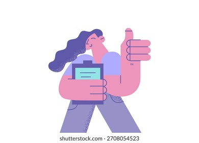 Creamos el mejor concepto de soluciones. Mujer positiva joven trabajadora de negocios de pie mostrando el pulgar hacia arriba signo sintiéndose feliz con el desarrollo del proyecto con la Ilustración vectorial de letras
