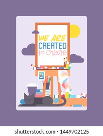 We are created to create on easel. Education, enjoyment concept. Pencils, watercolor, crayons. Cat lying and sleeping near working art place. Painting equipment. Cup of coffee.