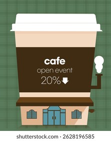 Criamos um design que pode ser usado para uma faixa de desconto, projetando uma xícara descartável e um café juntos.