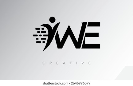 Logo de monogramme numérique créatif WE - Conception de marque-lettre futuriste avec la forme humaine, le mouvement des pixels et le style technique minimal pour une identité de marque innovante
