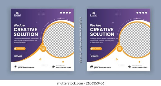 We are creative solution digital business marketing social media banner and minimalist square flyer poster. promotional mockup photo vector frame and fully editable vector web banner template