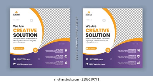 We are creative solution digital business marketing social media banner and minimalist square flyer poster. promotional mockup photo vector frame and fully editable vector web banner template