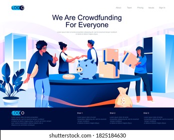 We are Crowdfunding for everyone isometric landing page. Crowdfunding platform for money donation isometry website page. Sponsors investing web concept, vector illustration with people characters.