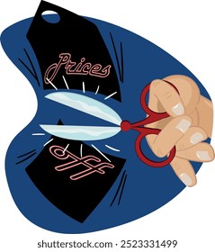 We cut the prices - hand holding scissors cutting a label written prices off