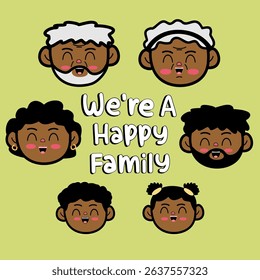 We are a Cute Happy Family African Cartoon Illustration Portrait with Black Hair