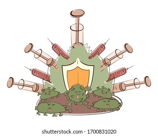 Derrotamos al coronavirus. Los médicos han desarrollado una vacuna contra la neumonía, las epidemias, las pandemias, covid-19. La gente se defiende y derrota al virus. Dibujo de dibujos animados planos vectoriales.