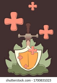 We defeated the coronavirus. Doctors have developed a vaccine against pneumonia, epidemics, pandemics, covid-19. Sword and shield are our weapons against the virus. Vector flat cartoon illustration.