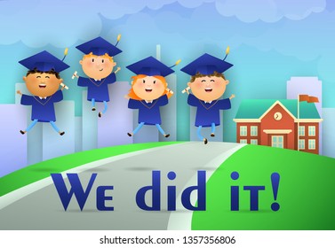 We Did it graduation poster design. Cheerful students in graduation caps and gowns, road to school, grass, and city in background. Illustration can be used for banners, flyer, graduation party