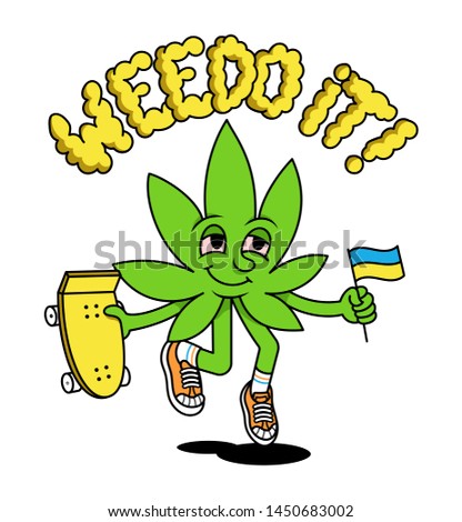 We do it! medical cannabis phrase about legalize. Cute friendly green natural leaf of marijuana weed is jumping up with skateboard and flag of Ukraine Modern illustration cartoon character sticker.