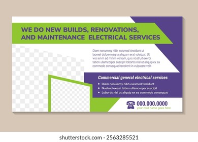 we do new builds, renocations and maintenance electrical services social media post banner design template. illustration with space for photo. combination purple green element and white background