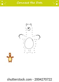 We draw a bear. Dot to dot. Draw a line. Game for toddler. Learning numbers for kids. Education developing worksheet. Isolated vector illustration. Cartoon style.