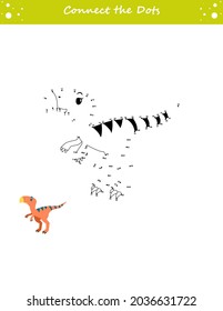 We draw a dinosaur. Dot to dot. Draw a line. Game for toddler. Learning numbers for kid. Education developing worksheet. Isolated vector illustration.