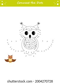 Dibujamos un búho. Punto a punto. Dibujar una línea. Juego para los niños pequeños. Números de aprendizaje para los niños. Educación desarrollando hoja de trabajo. Ilustración vectorial aislada. Estilo de caricatura.