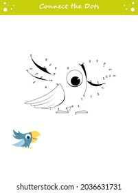 We draw a parrot. Dot to dot. Draw a line. Game for toddler. Learning numbers for kid. Education developing worksheet. Isolated vector illustration.