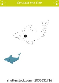 We draw a shark. Dot to dot. Draw a line. Game for toddler. Learning numbers for kid. Education developing worksheet. Isolated vector illustration.